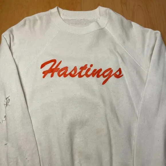 Vintage 50s/60s Hastings College White L/XL Thrashed Long Sleeve Sweatshirt